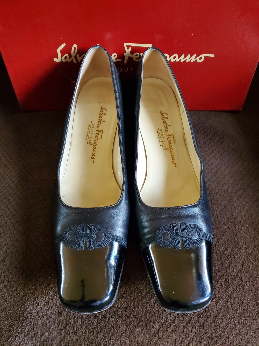 Salvatore Ferragamo Margaret Black Leather Square-Toe Pumps with Embroidered